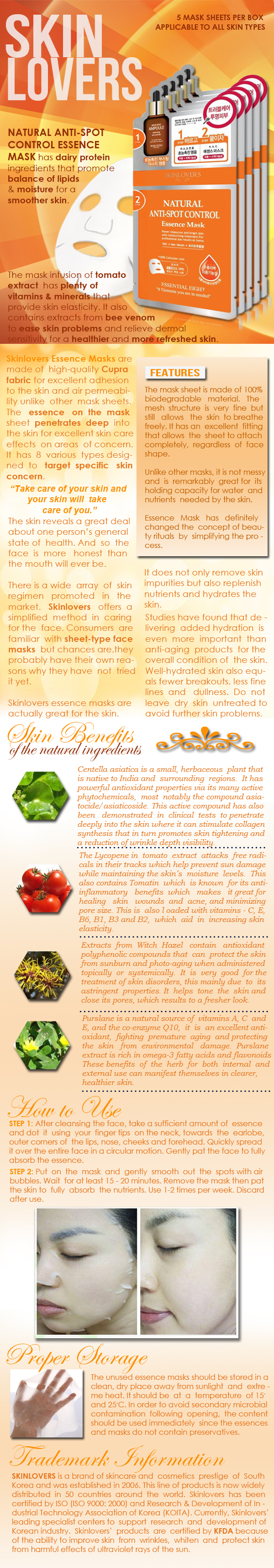 Skinlovers Natural Anti-Spot Control Essence Mask Product Information